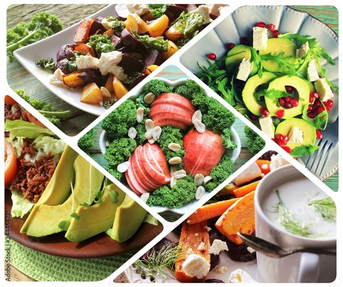 Collage of fitness food. Healthy breakfast set. Vegetarian nutritious salad. photo