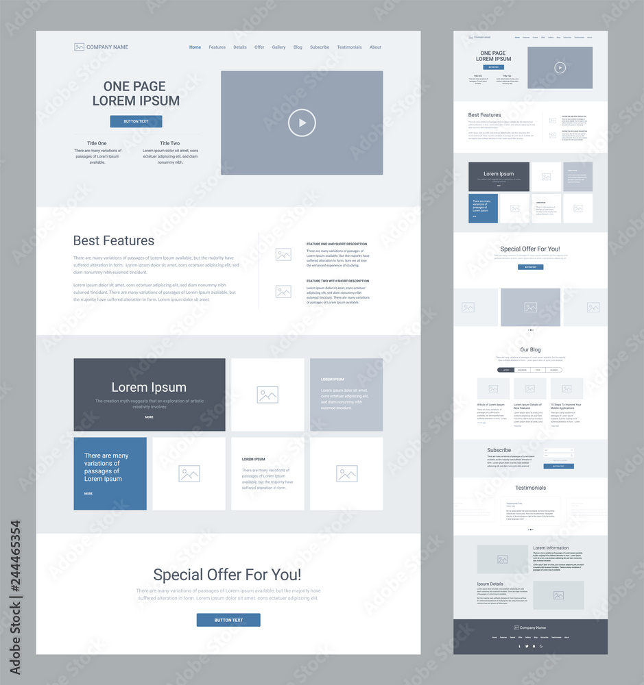 One page website design template for business. Landing page wireframe. Flat modern responsive design. Ux ui website: home, features, gallery, offer, slider, blog, subscribe, testimonials, news.