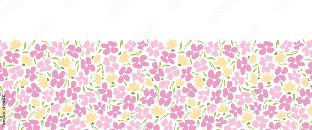 Pastel Colored graphic ditsy gestural blooms and foliage on white background vector seamless horizontal border. Florals.