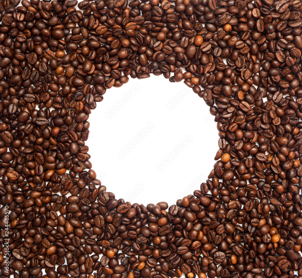Flat lay, coffee beans frame with white circle in the center, isolated, copy space
