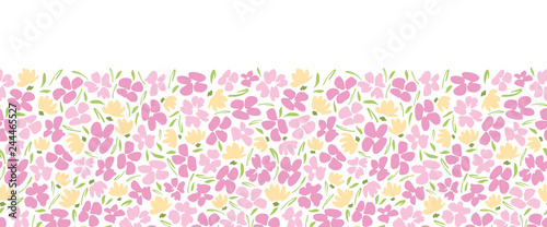 Pastel Colored graphic ditsy gestural blooms and foliage on white background vector seamless horizontal border. Florals.