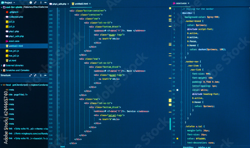 Close up of html and css coding, front view. Web development code photo