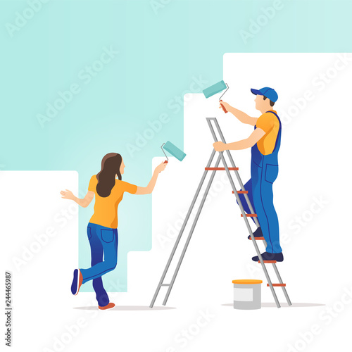Home renovation. Young couple painting the wall in new apartment. Vector illustration.