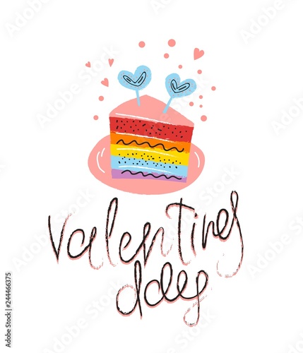 Rainbow piece of cake on a plate cute vector illustration in cartoon style