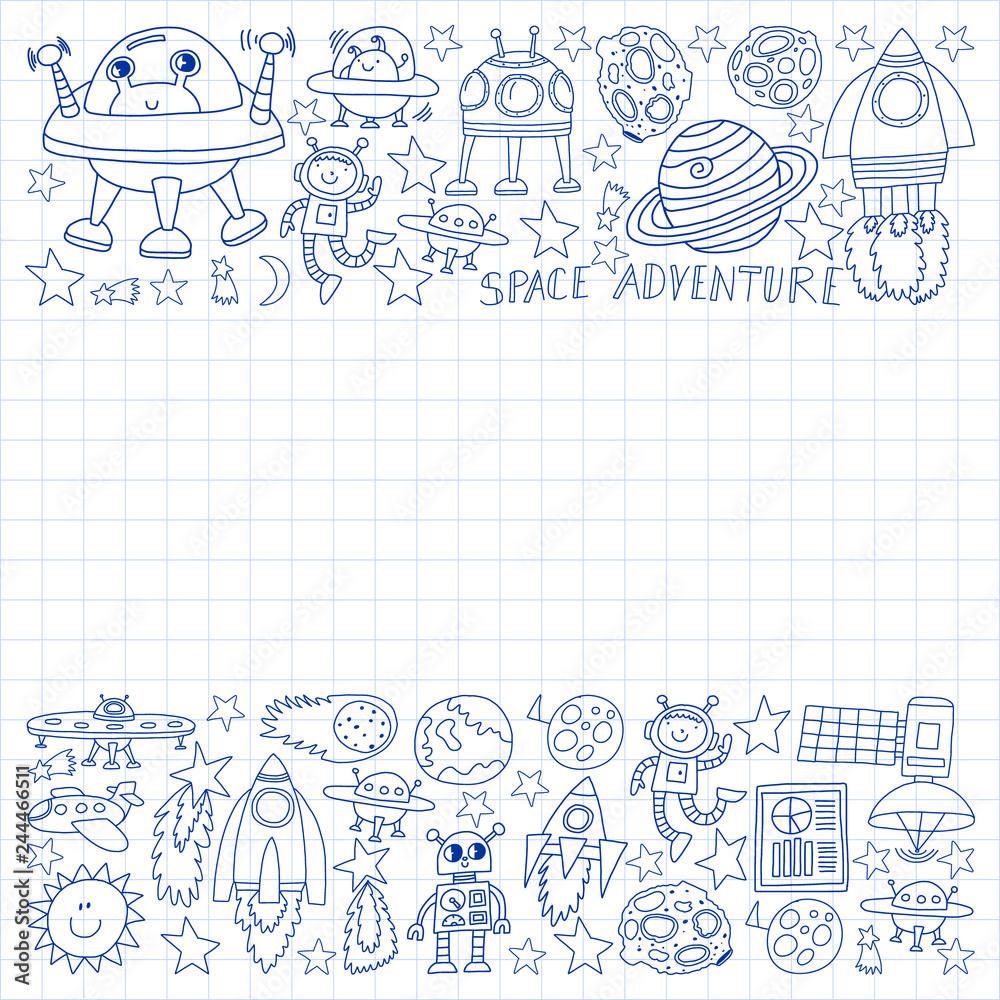Fototapeta premium Vector set of space elements icons in doodle style. Painted, drawn with a pen, on a sheet of checkered paper on a white background.
