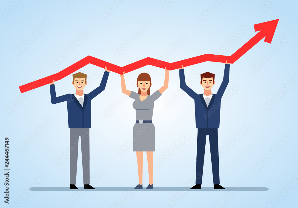 Business team holds growth arrow. Teamwork, cooperation, partnership concept. Flat design vector illustration Business team holds growth arrow. Teamwork, cooperation, partnership concept. Flat design vector illustration