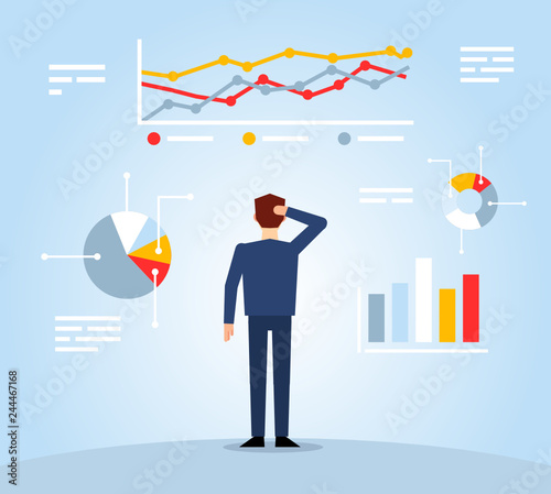 Businessman looks at various charts and diagrams. Business management concept. Flat design vector illustration