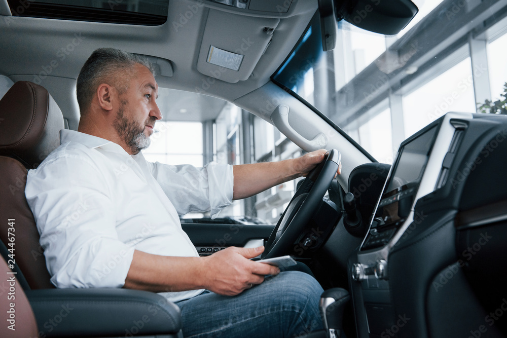 Waiting for a call. Businessman sits in the modern car and have some deals