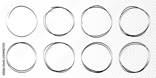 Hand drawn circles sketch frame set. Rounds scribble line circles. Doodle circular logo design elements.  Vector illustrations.