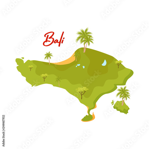Flat vector design of Bali map. Green island with palm trees and sand beaches. Element for travel postcard