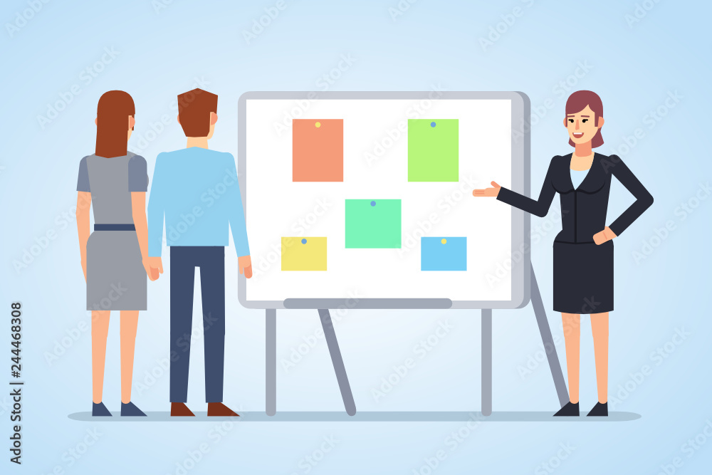 Woman pointing to whiteboard. Business people at meeting, presentation. Flat style vector illustration Woman pointing to whiteboard. Business people at meeting, presentation. Flat style vector illustration