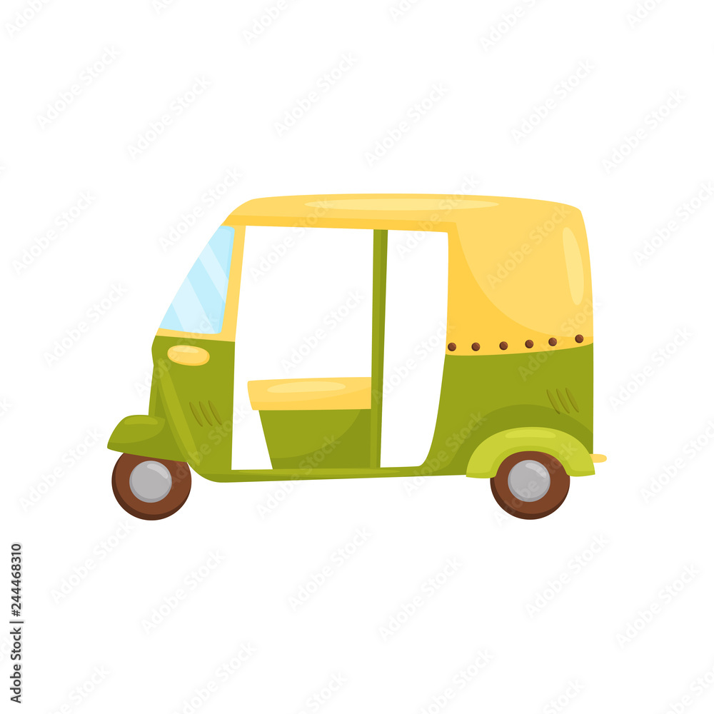 Green-yellow auto rickshaw, side view. Bajaj taxi or tuktuk. Traditional Bali transport. Cartoon vector design