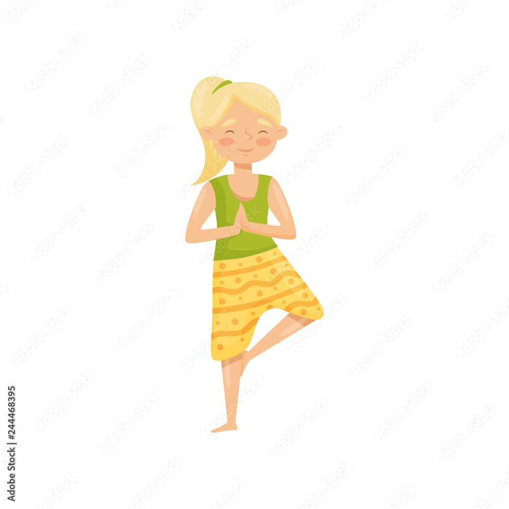 Cute blond girl meditating, standing on one leg. Young woman doing yoga exercise. Flat vector illustration Cute blond girl meditating, standing on one leg. Young woman doing yoga exercise. Flat vector illustration