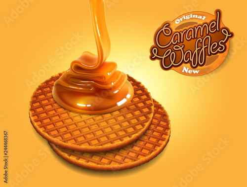 Design advertising waffles with caramel. Place for your text. Highly realistic illustration.