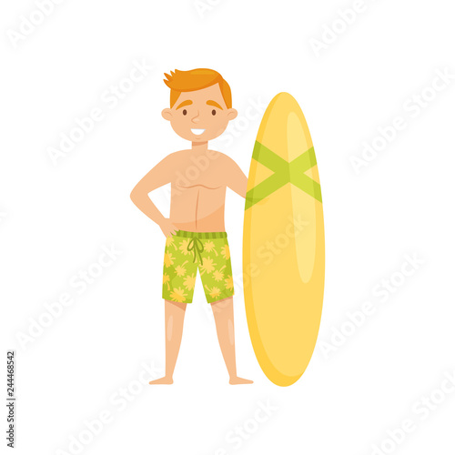 Young smiling guy standing with surfing board. Man in green swim shorts. Tourist on Bali. Flat vector design