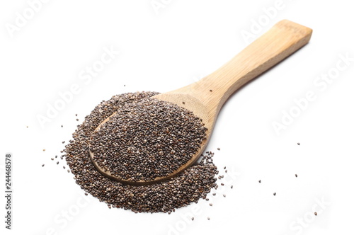 Chia seeds with wooden spoon isolated on white background