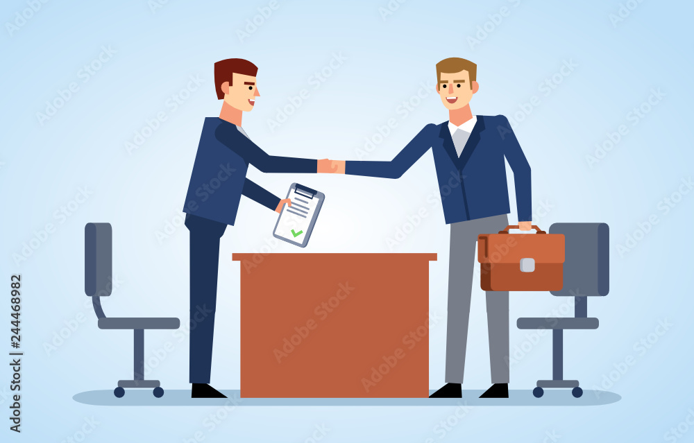 Two businessman shaking hands. Successful business deal, contract, job interview. Flat design vector illustration Two businessman shaking hands. Successful business deal, contract, job interview. Flat design vector illustration
