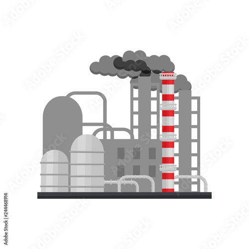 Manufacturing factory with building, smoking pipes and steel cisterns. Industrial architecture. Flat vector design