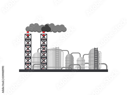 Metallurgical plant. Manufacturing factory with long smoking chimneys, metal cisterns and pipes. Flat vector design