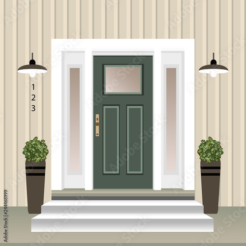House door front with doorstep and steps porch, window, lamp, flowers in pot, building entry facade, exterior entrance design illustration vector flat style