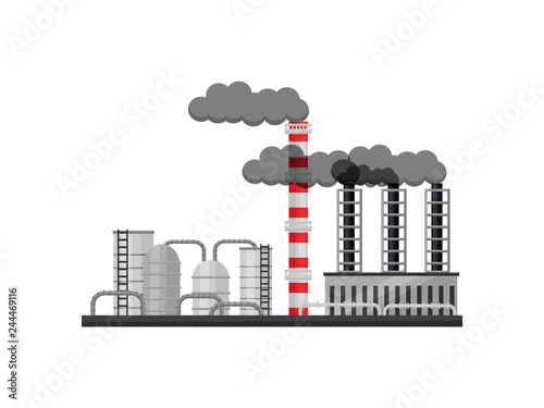 Manufacturing factory with cisterns, smoking pipes and industrial building. Metallurgical production. Flat vector design