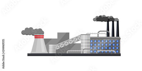 Large factory with building, smoking chimneys and cooling tower. Thermal power plant. Flat vector design