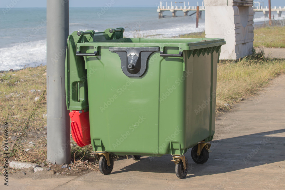 trash box near the sea beach. Littering the beach and the sea trash box near the sea beach. Littering the beach and the sea