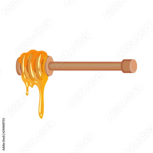 Fresh honey dripping from wooden dipper. Natural and healthy product from apiary farm. Flat vector design