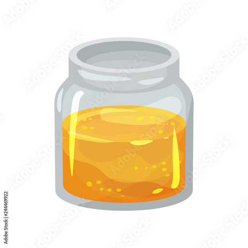 Small open glass jar with fresh honey. Natural product from apiary farm. Sweet and healthy food. Flat vector design