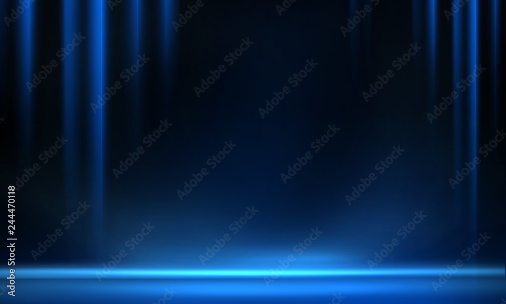 Product showcase spotlight background. Clean photographer studio. Abstract blue background with rays of neon light, spotlight.