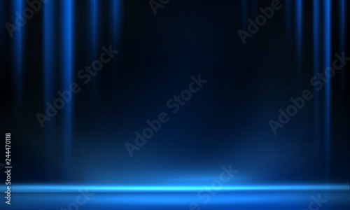 Product showcase spotlight background. Clean photographer studio. Abstract blue background with rays of neon light, spotlight.