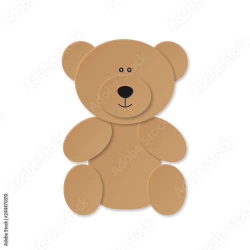 sitting cute forest brown bear toy in paper cut craft style isolated on white background, stock vector illustration clip art