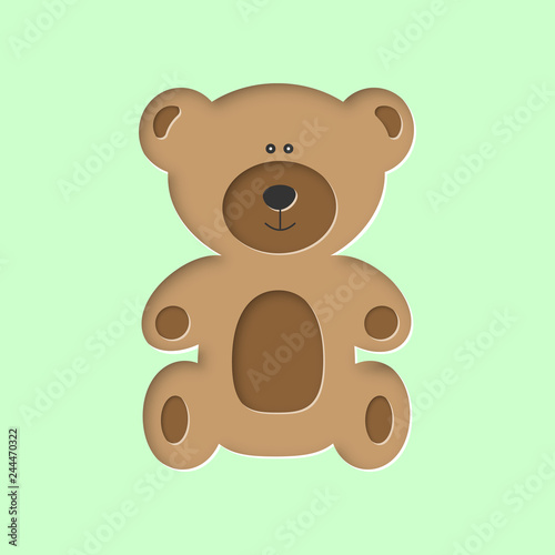 sitting cute forest brown baby bear toy in paper cut craft style isolated on green background, stock vector illustration clip art