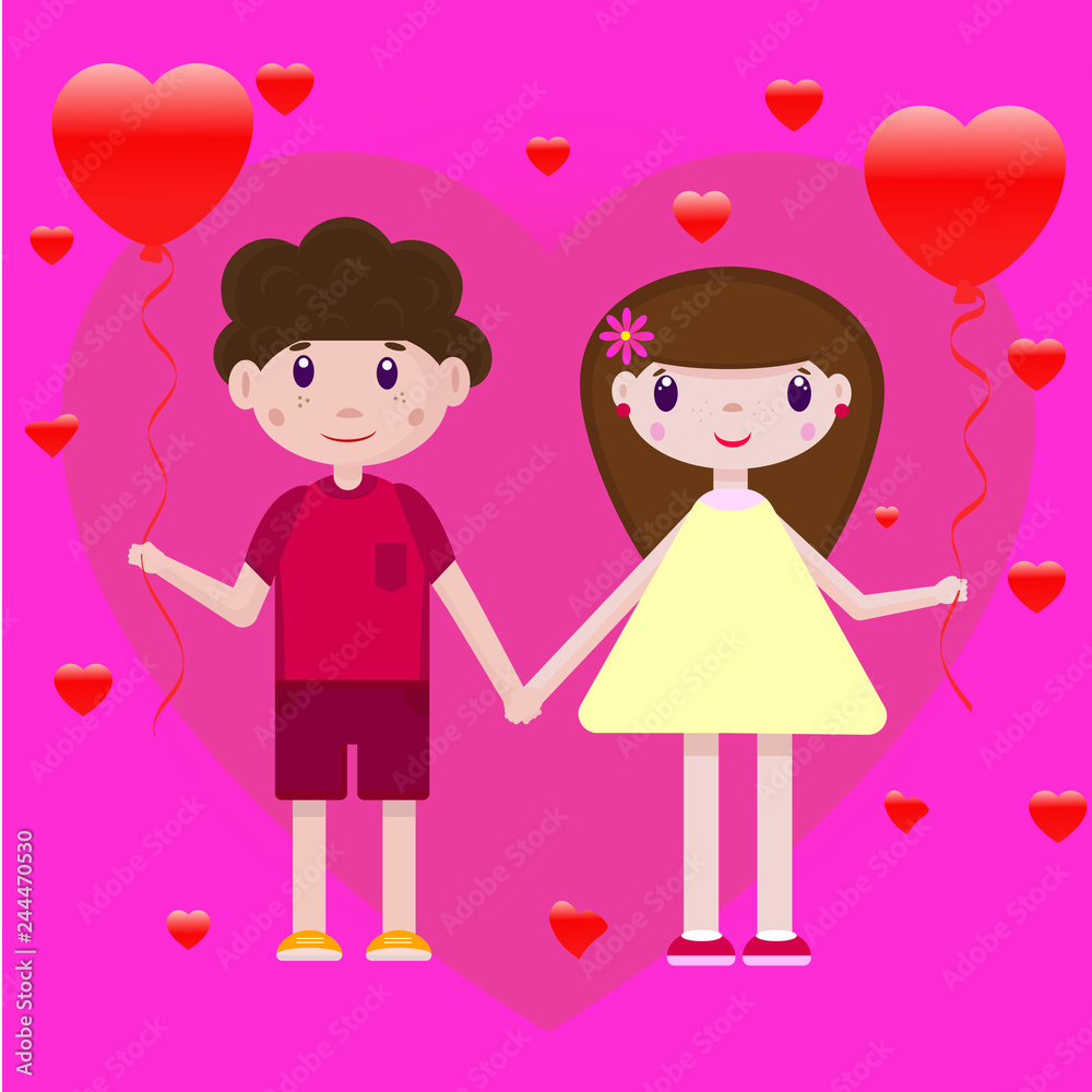 Vector drawing of a boy and girl with heart-shaped balloons on a romantic pink-purple background Vector drawing of a boy and girl with heart-shaped balloons on a romantic pink-purple background