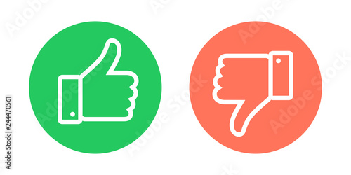 Do and Don't symbols. Thumbs up and thumbs down circle emblems. Like and dislike icons set. Vector illustration.