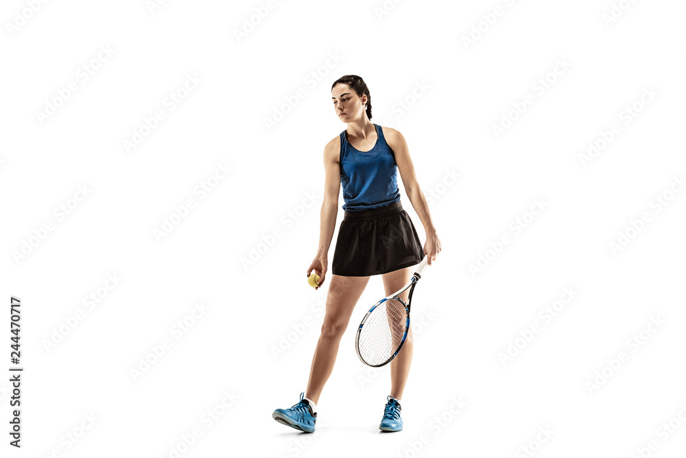 Full length portrait of young woman playing tennis isolated on white background. Healthy lifestyle. The practicing, fitness, sport, exercise concept. The female model in motion or movement Full length portrait of young woman playing tennis isolated on white background. Healthy lifestyle. The practicing, fitness, sport, exercise concept. The female model in motion or movement