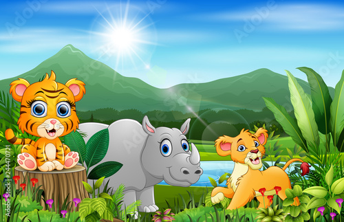 Cartoon of the beautiful landscape with different animals