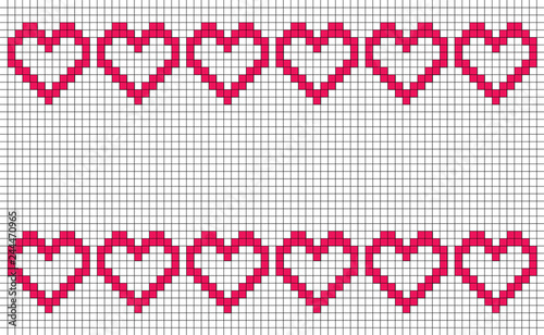 Patchwork or cross stitch pattern with six hearts in a row top and bottom with copy space and white background, seamless design of symmetrically placed hearts, pixel-like banner or backdrop decoration
