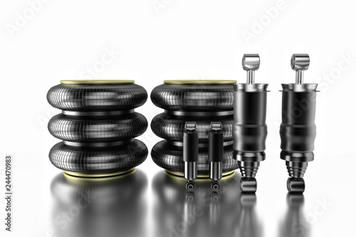 3D rendering. Trucks Cabin Shock Absorber and air spring, New auto parts, spare parts Cabinedemper. Spare parts for shop, aftermarket OEM for cargo car.