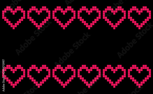 Patchwork or cross stitch pattern with six hearts in a row top and bottom with copy space and black background, seamless design of symmetrically placed hearts, pixel-like banner or backdrop decoration