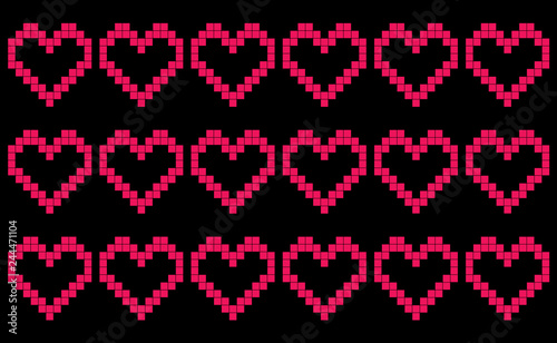 Black background with repeating pixel-like hearts, patchwork or cross stitch pattern, seamless motif or graphic resource as abstract background, textile print, wallpaper and geometric inspiration