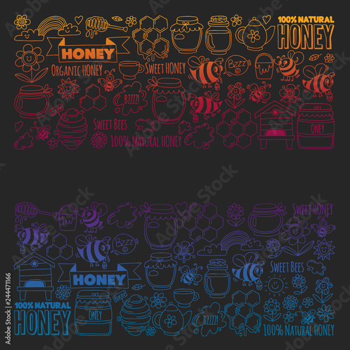 Vector image of bees, organic farm honey. Pattern with summer flowers. Healthy food.
