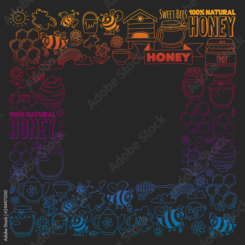 Vector image of bees, organic farm honey. Pattern with summer flowers. Healthy food.