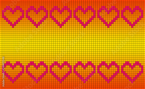 Patchwork or cross stitch pattern with six hearts in a row top and bottom with copy space and orange and yellow background, seamless design of symmetrically placed hearts, pixel-like banner decoration