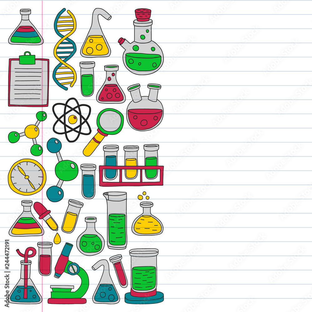 Vector set of chemistry, science icons. Pattern with laboratory equipment images. Vector set of chemistry, science icons. Pattern with laboratory equipment images.