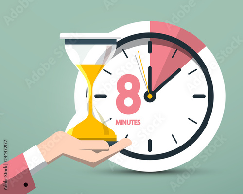 8 Eight Minutes Clock Symbol. Vector Time Icon with Hourglass in Hand.