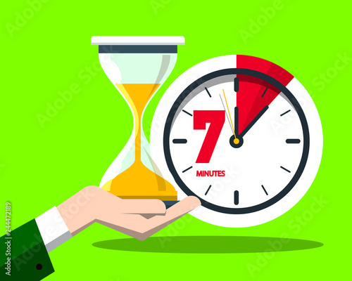 7 Seven Minutes Clock Vector Flat Design Time Symbol with Hourglass