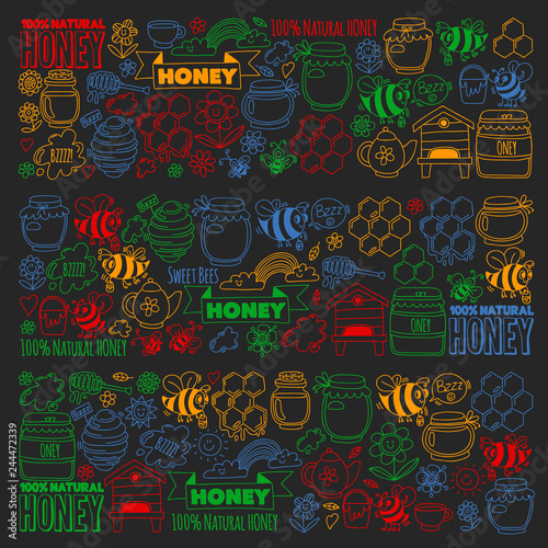 Vector image of bees, organic farm honey. Pattern with summer flowers. Healthy food.