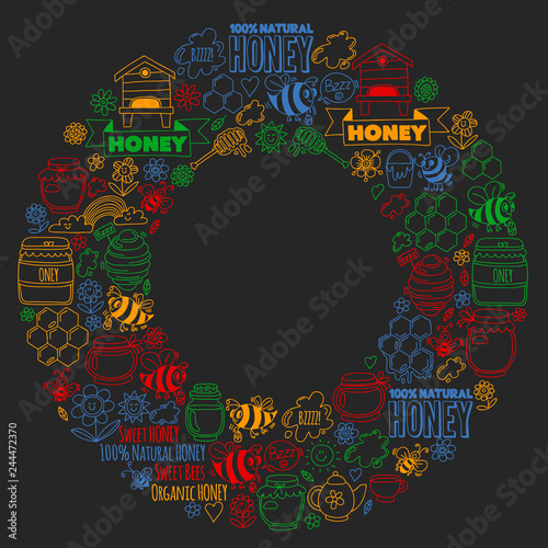 Vector image of bees, organic farm honey. Pattern with summer flowers. Healthy food.