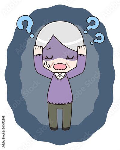 混乱するシニア女性（全身/背景付き）